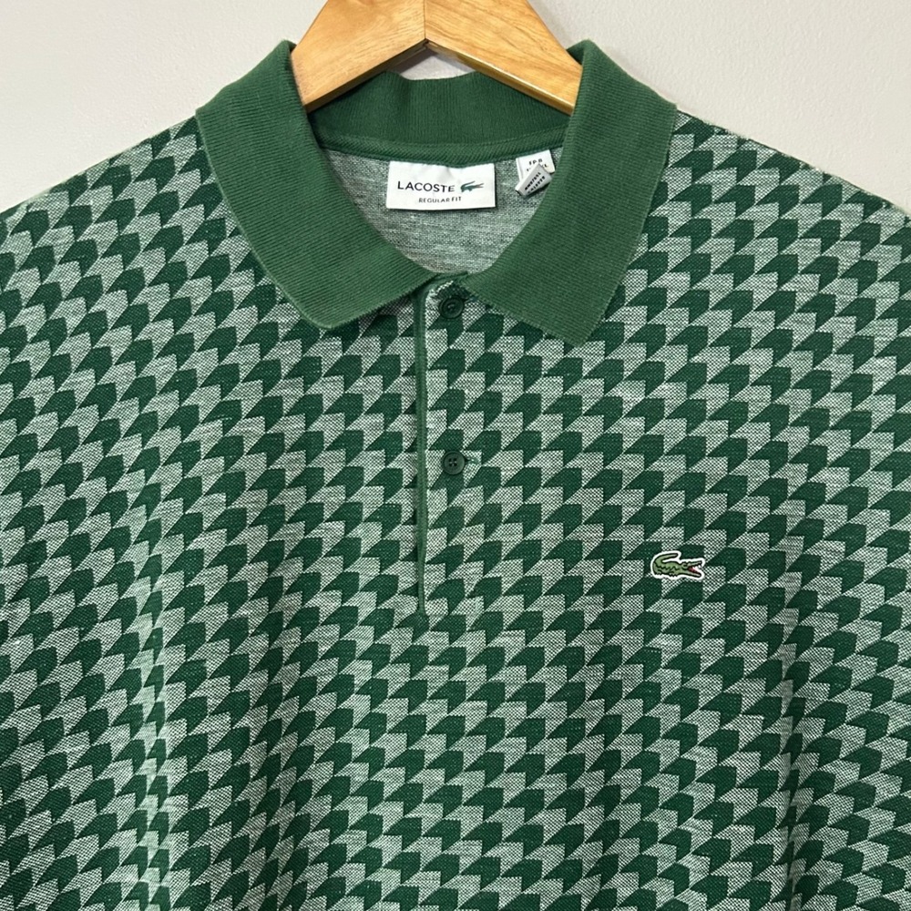 Lacoste Polo Shirt Mens 3XL Green Houndstooth Print Linen Blend Regular Fit